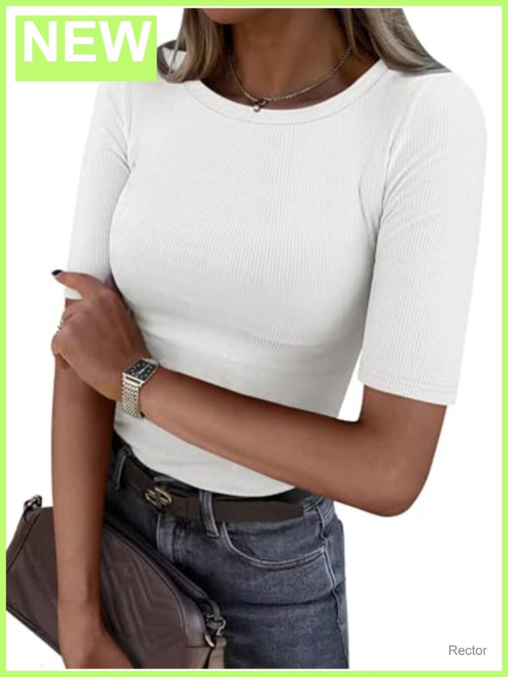 Ribbed Knit Half Sleeve Crewneck Skinny Fit Tee